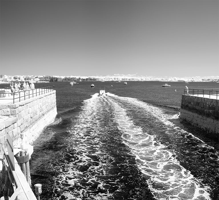 Infrred Photo of Small Boat Speeing Out of Canal, Gloucester, Massachusetts.